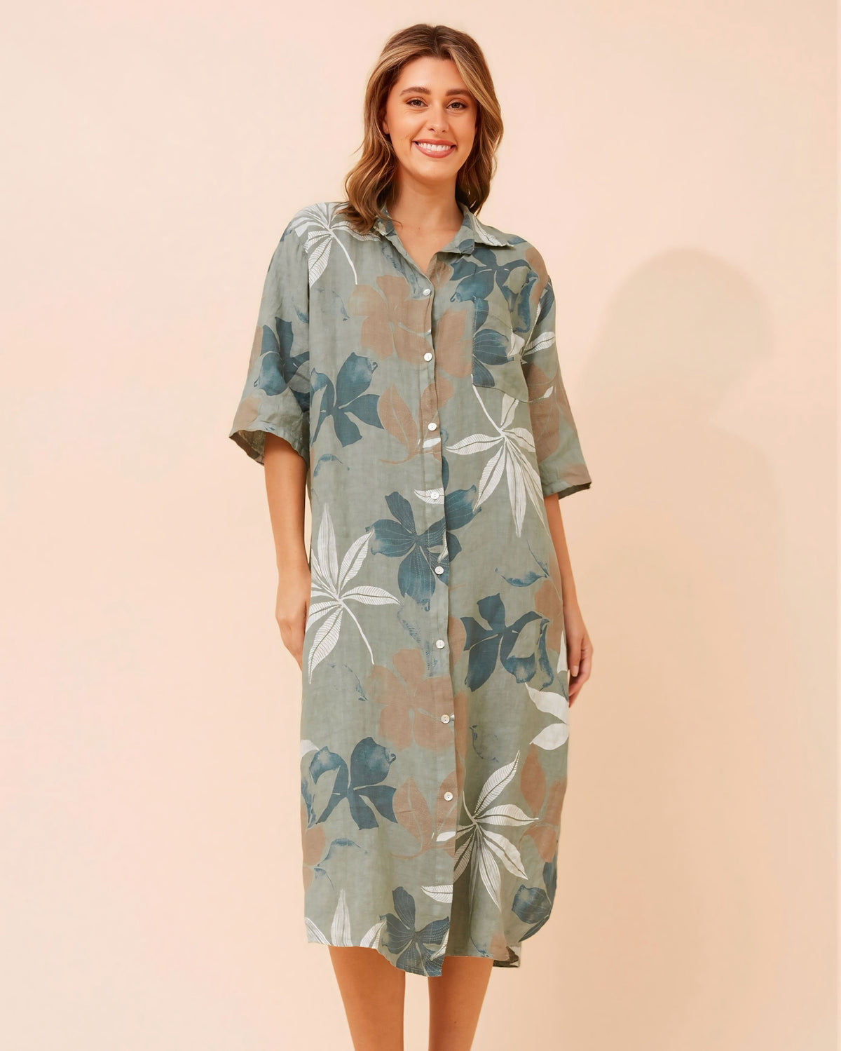Jodie Leaf Print Linen Dress