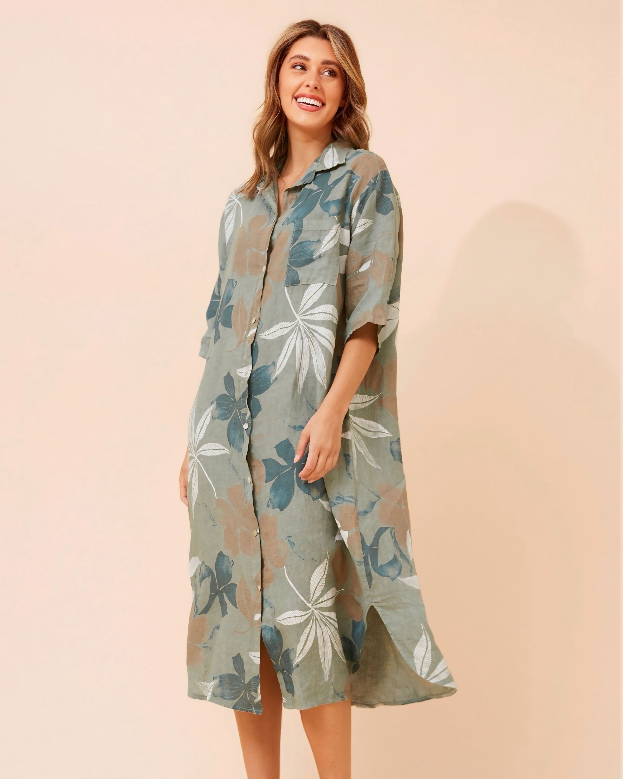 Jodie Leaf Print Linen Dress