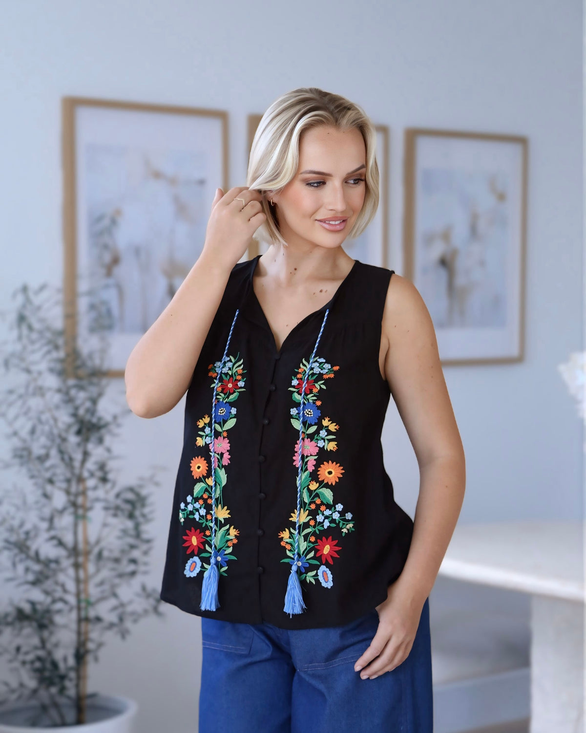 Sally Cotton Embroidered Trim Top