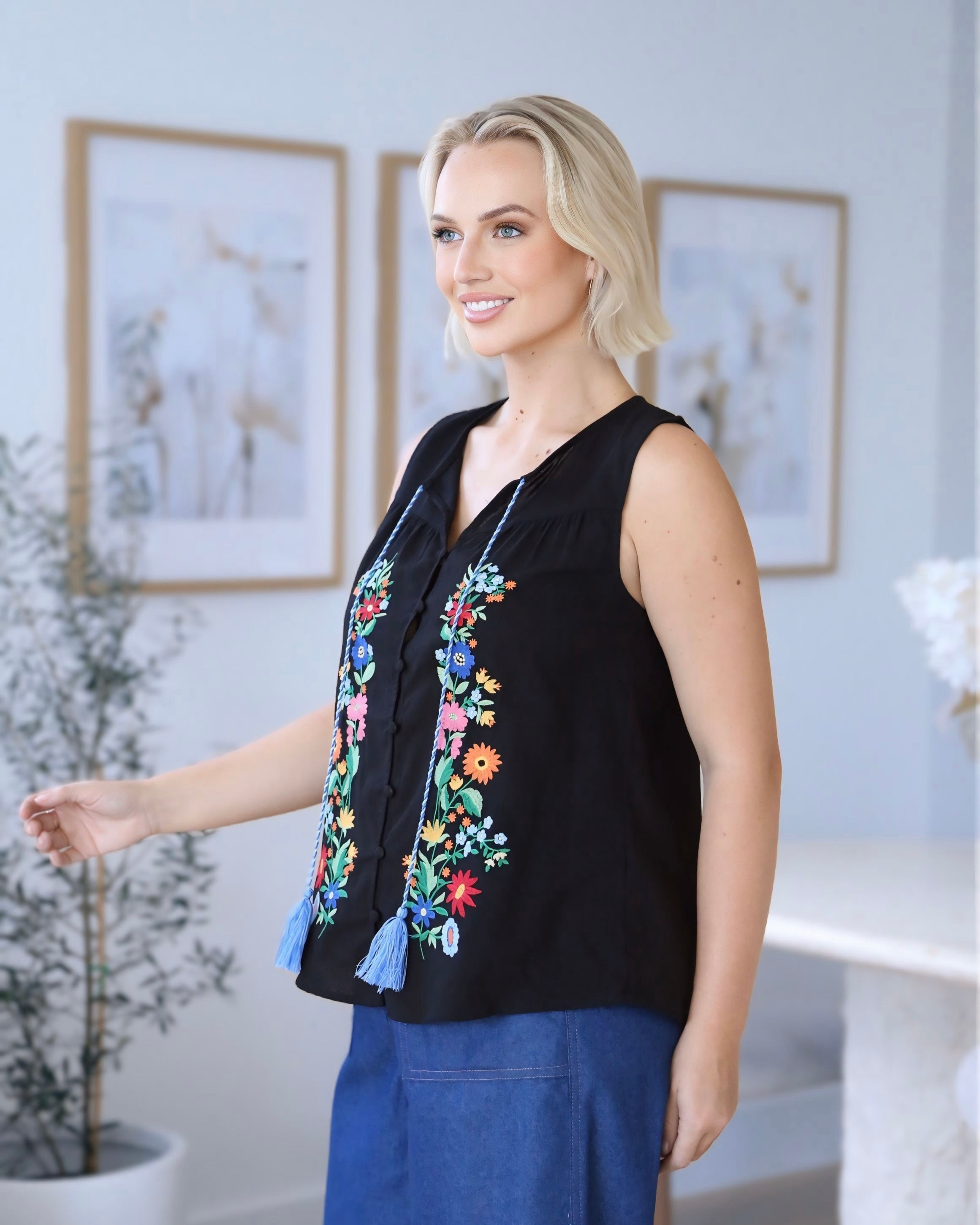 Sally Cotton Embroidered Trim Top