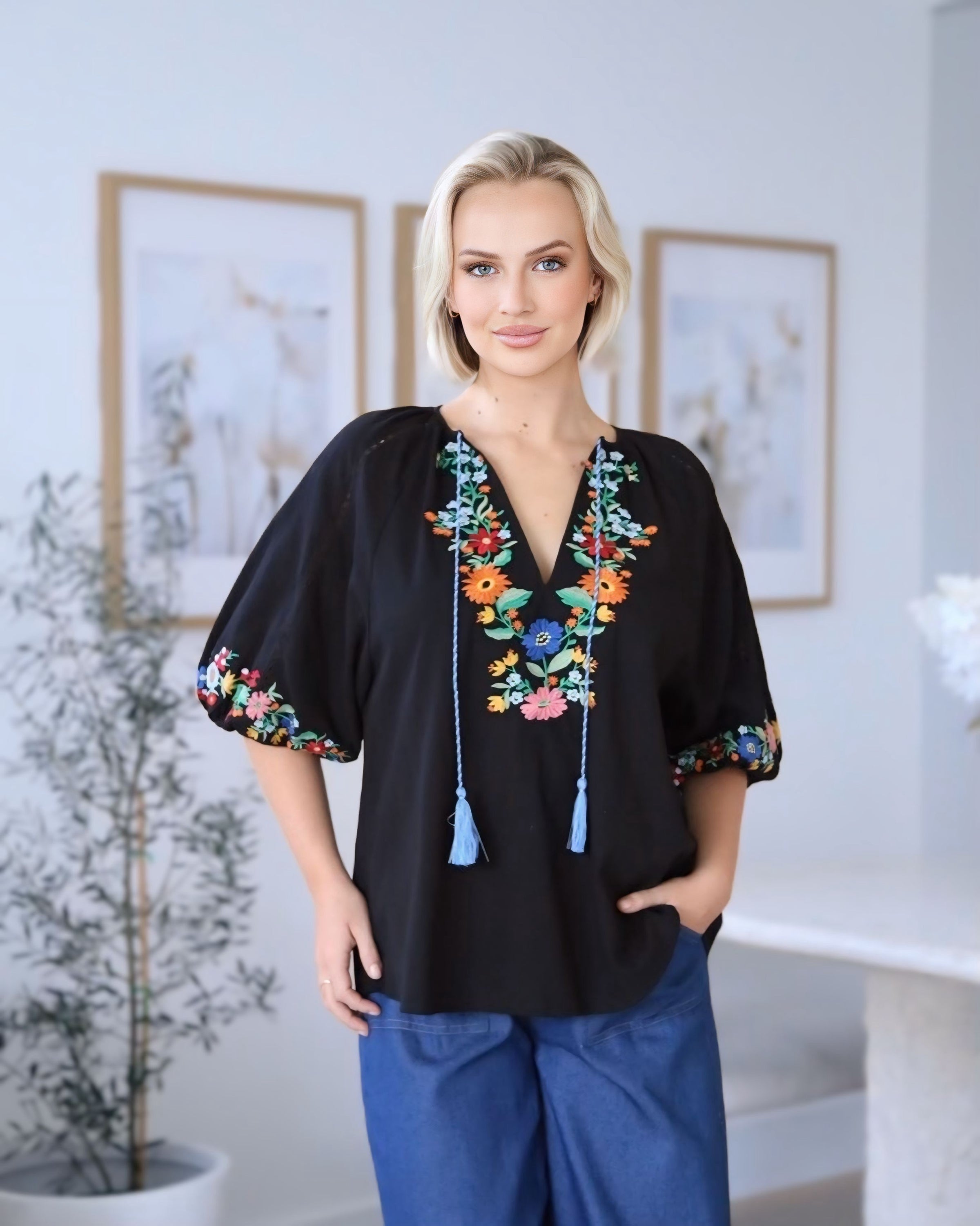 Sarah Embroidered Cotton Trim Top